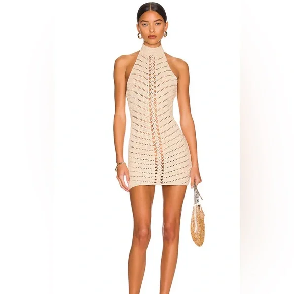 NWOT $218 Revolve Camila Coelho Lyssa Hand Crochet Halter Mini Dress in Sand Med - Picture 16 of 16